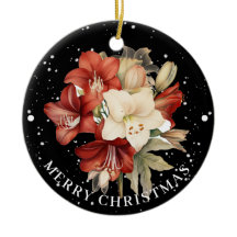  Red & White Amaryllis on Black Merry Christmas 