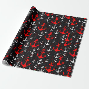 Red White Anchor With Black Background Wrapping Paper
