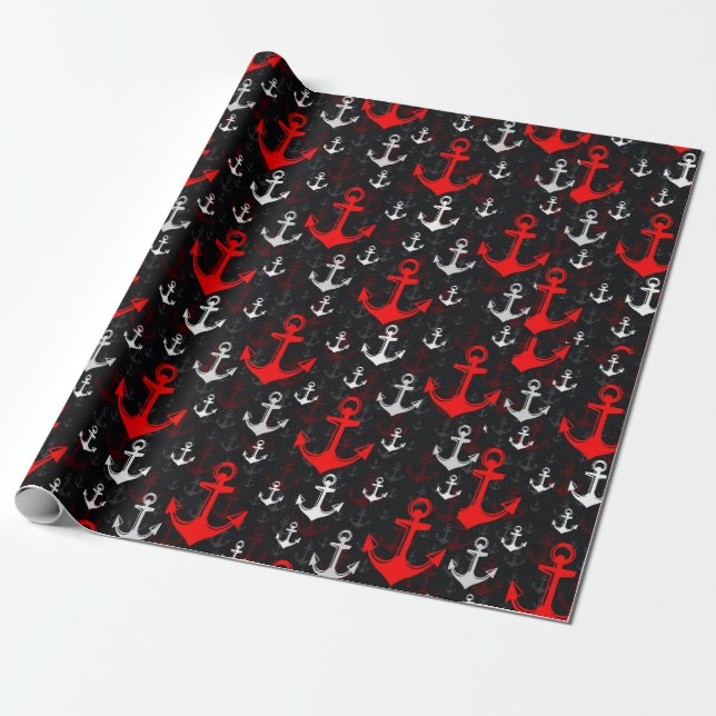 Red White Anchor With Black Background Wrapping Paper (Unrolled)