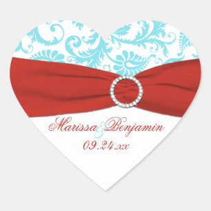 Red, White, and Aqua Damask Heart Shape Sticker