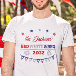 Red white and BBQ 4th july patriotic fireworks T-Shirt<br><div class="desc">Customise this Fourth of July BBQ t-shirt with your family name and the current year to celebrate America's birthday in style. This t-shirt features the wording "RED,  WHITE & BBQ" and is decorated with little stars,  patriotic fireworks,  and a festive banner.</div>