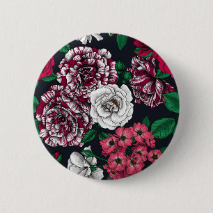 Red, white and bi-color roses with green leaves on 6 cm round badge