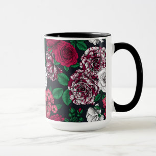 Red, white and bi-colour roses with green leaves o mug