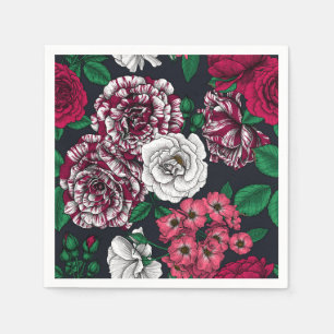 Red, white and bi-colour roses with green leaves o napkin