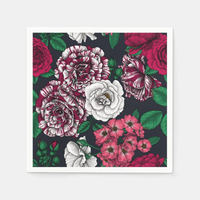 Red, white and bi-colour roses with green leaves o napkin (Front)