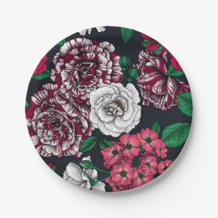 Red, white and bi-colour roses with green leaves o paper plate