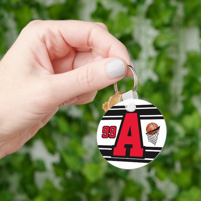 Red, White and Black Basketball Letter and Number Key Ring (Hand)