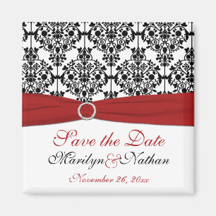 Red, White, and Black Damask Wedding Favour Magnet