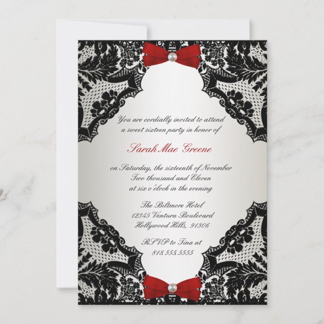 Red, white and Black lace Sweet 16 Invitation (Front)