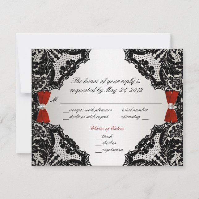 Red, white and Black lace Wedding RSVP (Front)