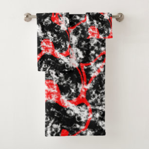 Red, White and Black Marble Abstract Bath Towel Set