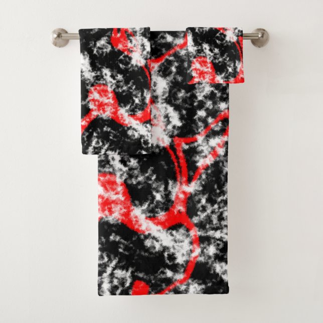 Red, White and Black Marble Abstract Bath Towel Set (Insitu)