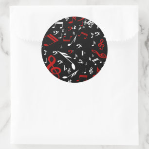 Red White and Black Musical Notes Classic Round Sticker
