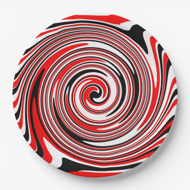 Red white and black psychedelic design paper plate (Front)