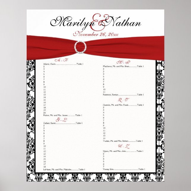 Red, White, and Black Reception Seating Chart (Front)