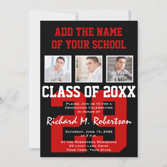 Red, White and Black School Colours Graduation Invitation (Front)