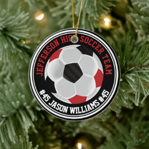 Red, White and Black Soccer ⚽ Ceramic Tree Decoration