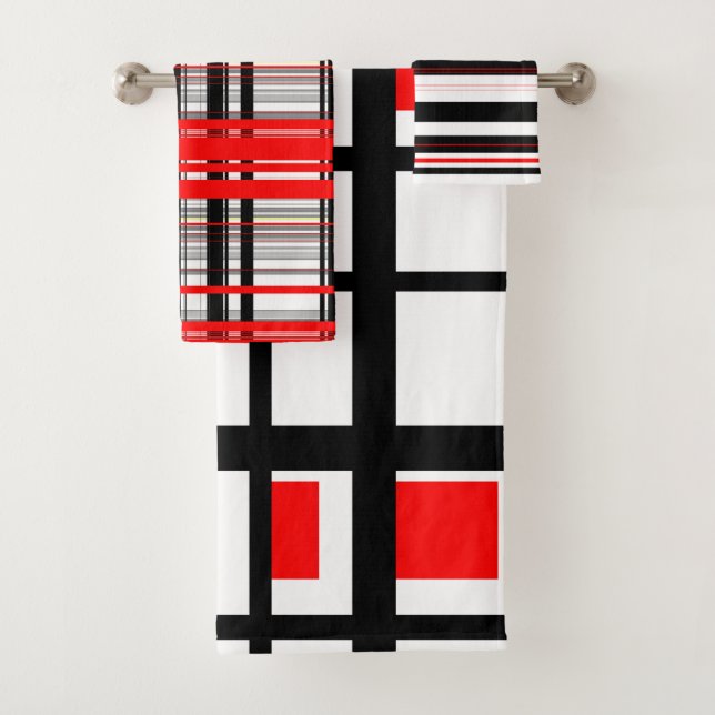 Red white and Black Stripes Bath Towel Set (Insitu)