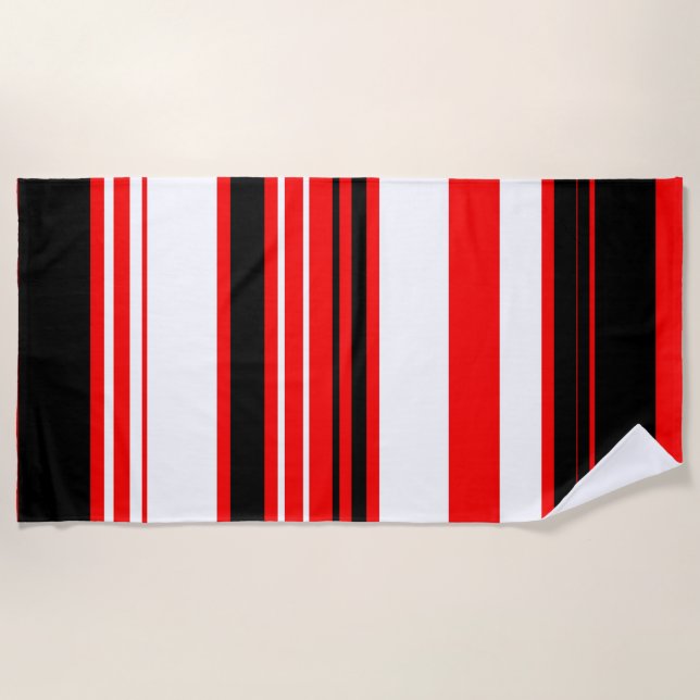 Red white and Black Stripes  Beach Towel (Front)