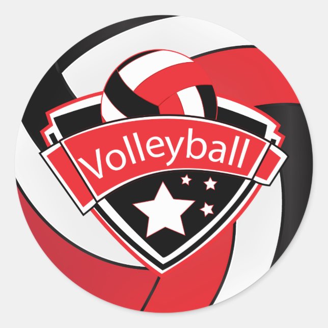 Red, White and Black Volleyball Superstar Classic Round Sticker (Front)