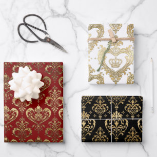 Red, White and Black with Gold Hearts Damask Wrapping Paper Sheet