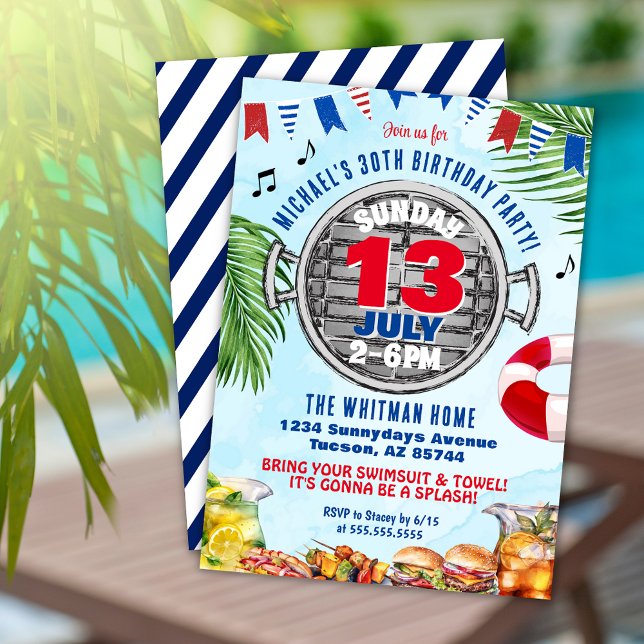 Red White and Blue 30th Birthday BBQ Pool Party Invitation (Patriotic Birthday Party Invitation for Pool and Barbeque Milestone party)
