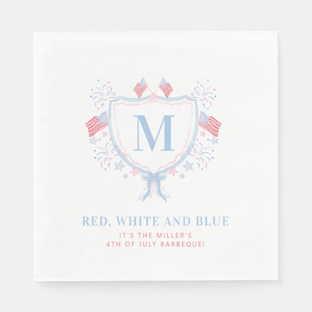 Red, White and Blue 4th of July BBQ Monogram Crest Napkin (Front)