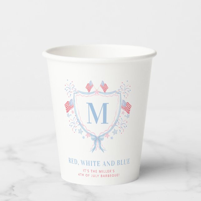 Red, White and Blue 4th of July BBQ Monogram Crest Paper Cups (Front)