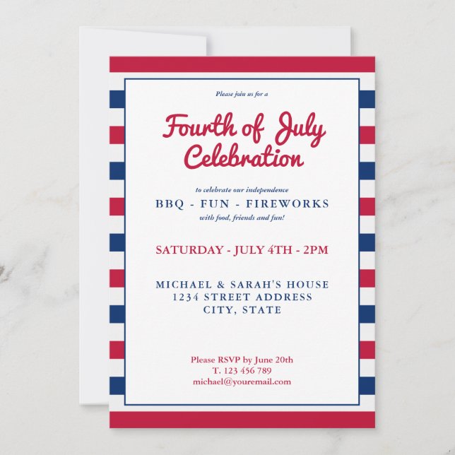 Red White and Blue 4th of July Invitation (Front)