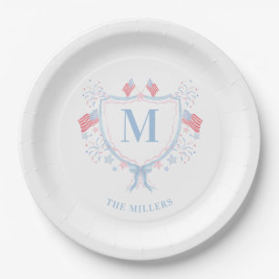 Red, White and Blue 4th of July Monogram Crest Paper Plate