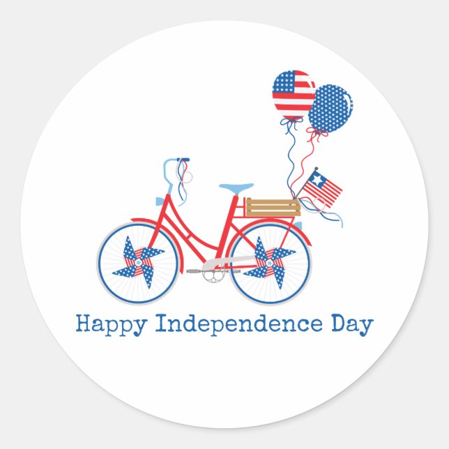 Red White and Blue 4th of July Whimsical Bicycle   Classic Round Sticker (Front)