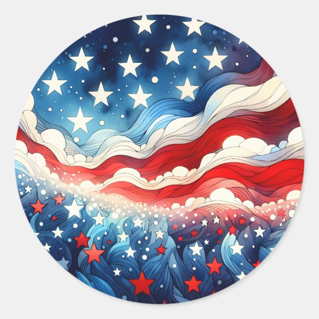 Red, White and Blue Abstract US Flag Patriotic  Classic Round Sticker (Front)
