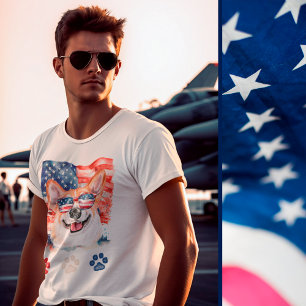 Red White and Blue American Dog Corgi 4th of July T-Shirt