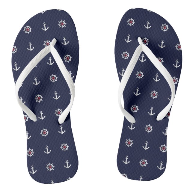 Red White And Blue Anchor Pattern Flip Flops (Footbed)