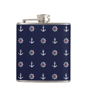 Red White And Blue Anchor Pattern Hip Flask