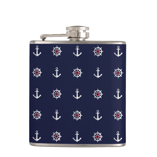 Red White And Blue Anchor Pattern Hip Flask (Front)