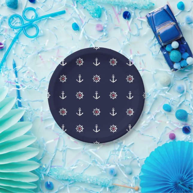 Red White And Blue Anchor Pattern Paper Plate (Party)