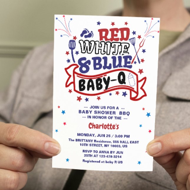 Red White and Blue Baby-Q Boy BBQ Baby Shower  Invitation (BBQ BABY-Q baby shower invitation 4th of july them independence day celebration patriotic stars and )