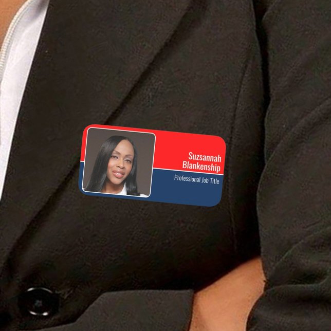 Red White and Blue Background Custom Photo Name Tag (custom photo name tag)
