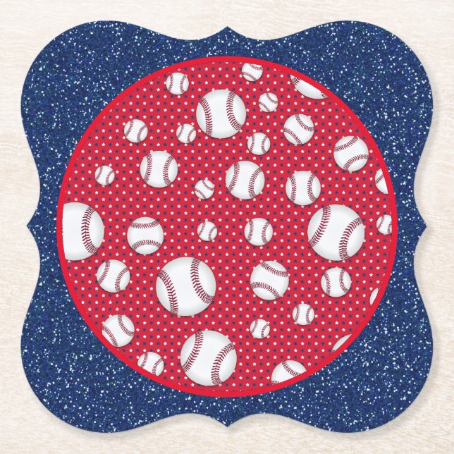 Red White and Blue Baseball Paper Plate Paper Coaster (Front)