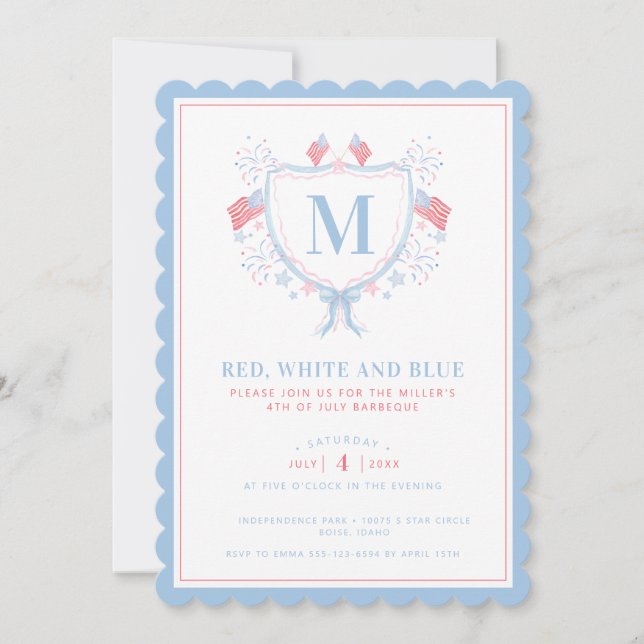 Red, White and Blue BBQ 4th of July Monogram Crest Invitation (Front)