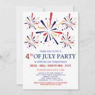 Red White and Blue BBQ Firework 4th of July Party Invitation