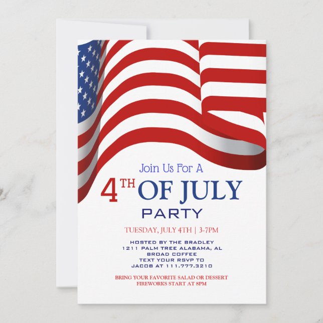 Red White and Blue BBQ Firework 4th of July Party Invitation (Front)