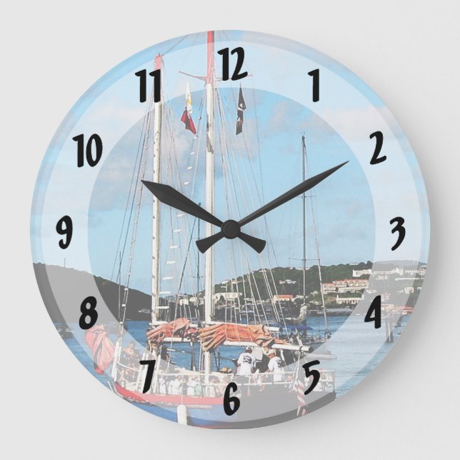 Red, White and Blue Boat at St. Thomas Large Clock (Front)