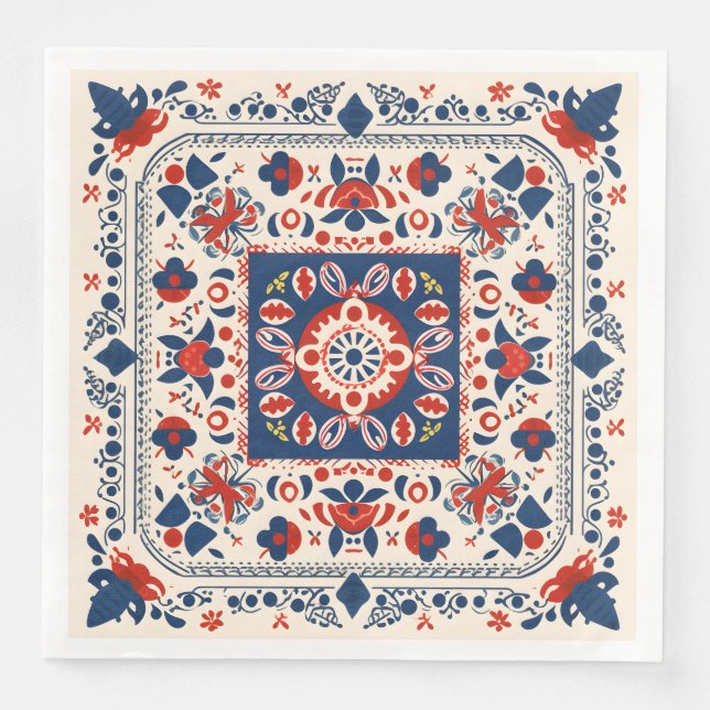 Red white and blue boho chic geometric folk art napkin (Front)