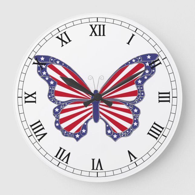 Red White And Blue Butterfly Roman Numerals Clock (Front)