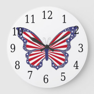 Red White And Blue Butterfly Round Clock