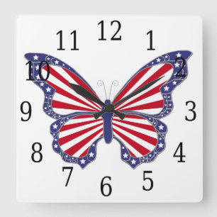 Red White And Blue Butterfly Square Clock