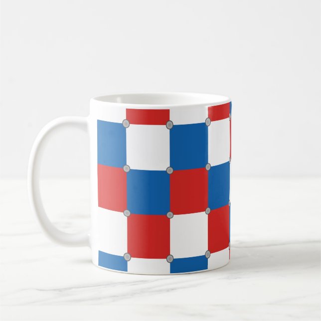 Red white and blue chequered pattern coffee mug (Left)