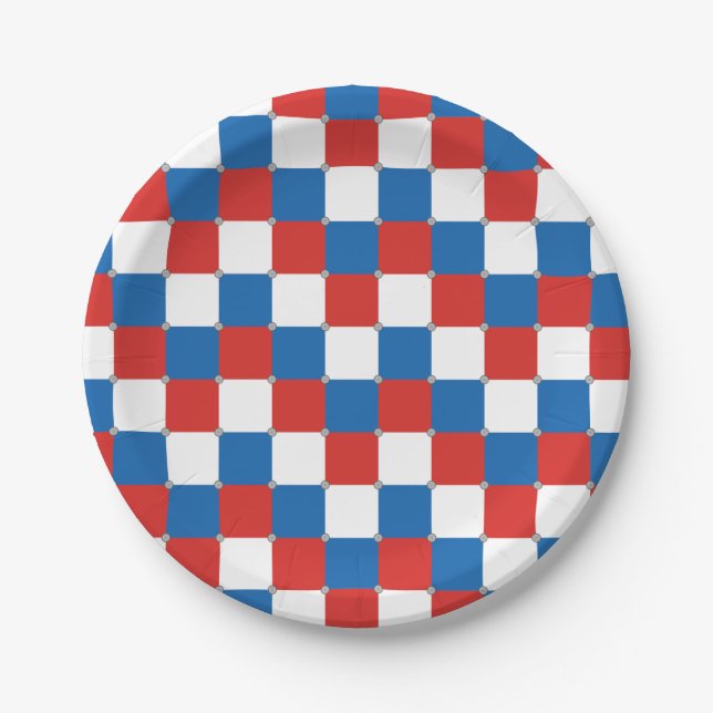 Red white and blue chequered pattern paper plate (Front)